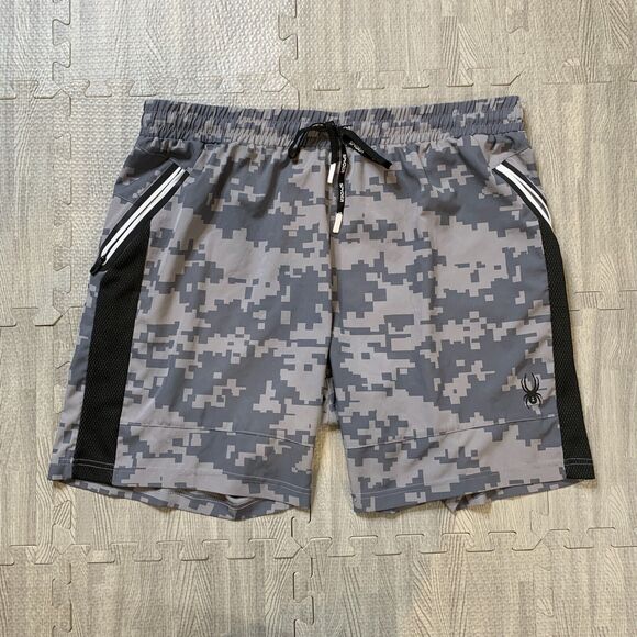 Spyder Active Shorts Mens XL Extra Large Grey Camo Drawstring Tie Elastic Waist - Picture 2 of 10